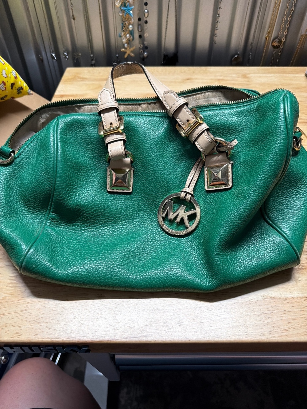 Michael Kors Green Pebbled Leather Satchel Handbag with Beige Handles